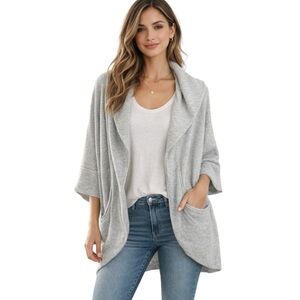 LOFT Lounge by Ann Taylor 100% Cotton Gray Open Front Wrap 3/4 Sleeve Cardigan M